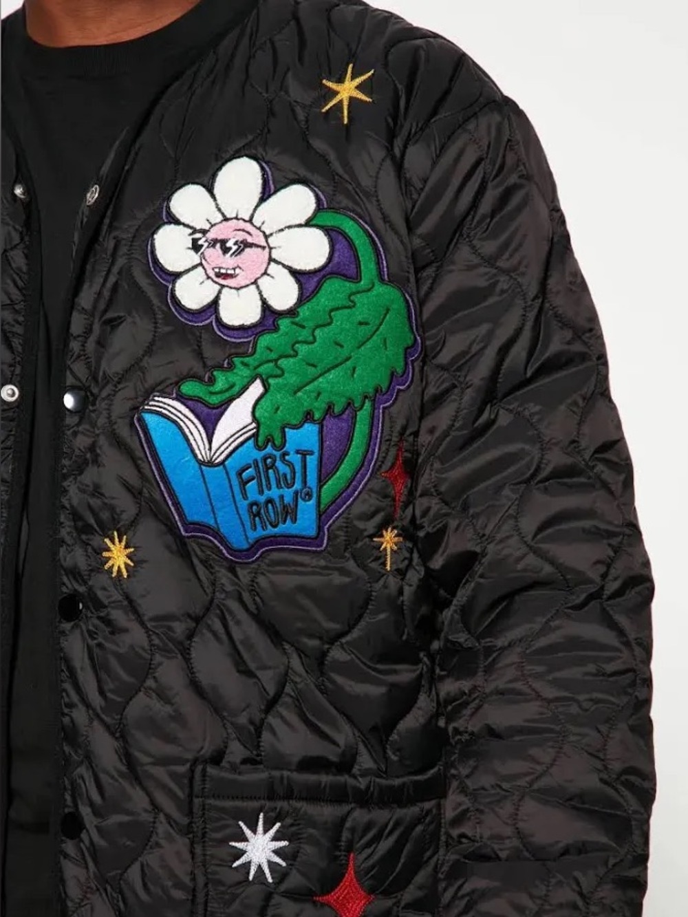 First Row Quilted Padding Bomber Jacket With Patchwork - Picture 2 of 9